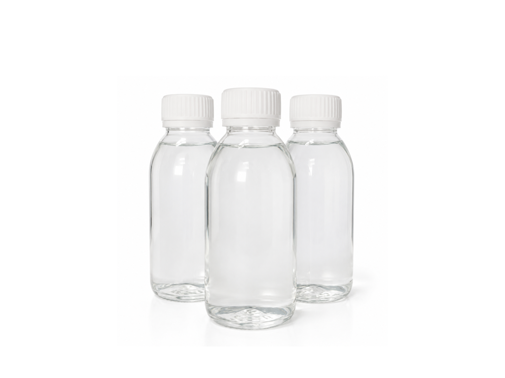 Clear bottles containing aromatic solvent used in coatings, paints, inks, and chemical processing.