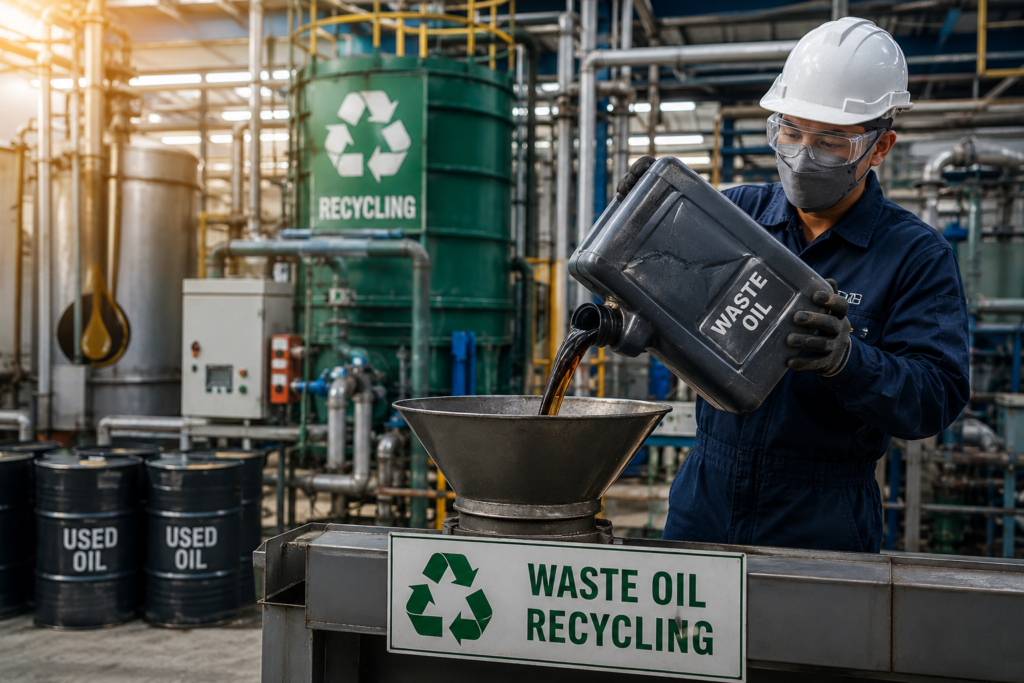 Industrial worker transferring used oil for recycling at a licensed waste oil re-refining and recovery facility.