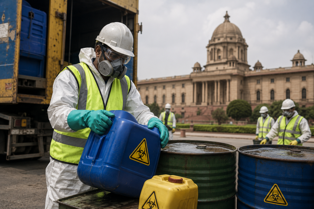 Hazardous waste management personnel handling industrial containers for government infrastructure projects.