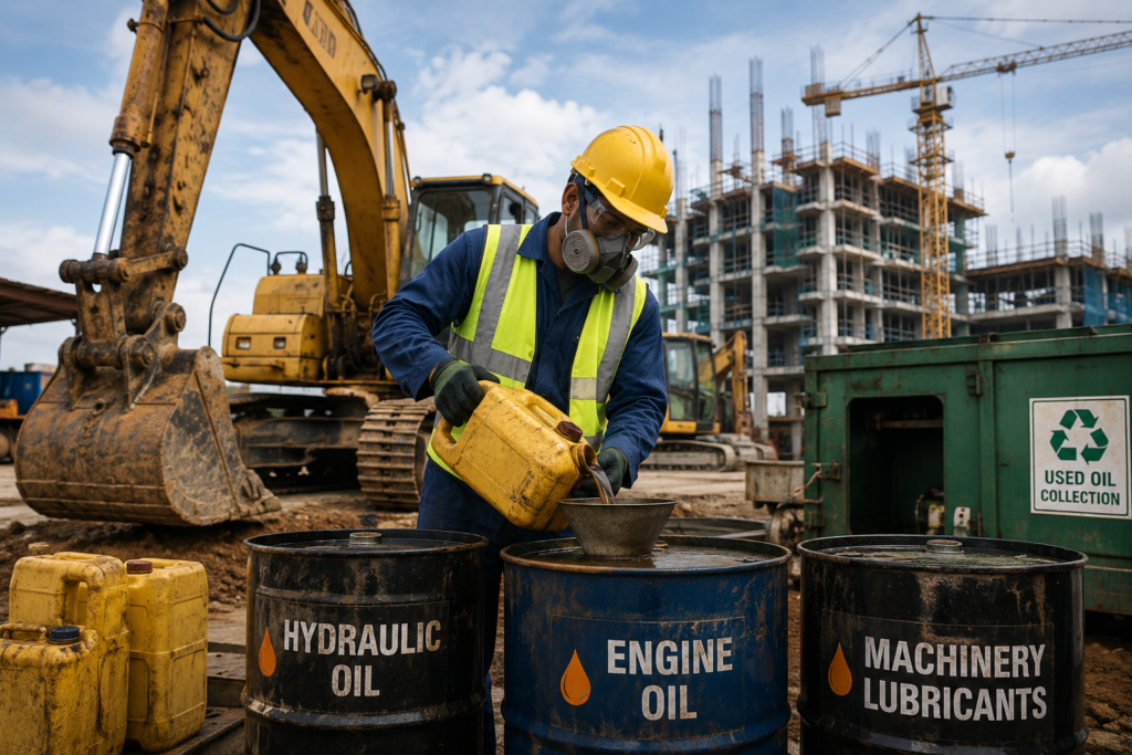 Construction worker handling used oil containers at an active infrastructure development project.