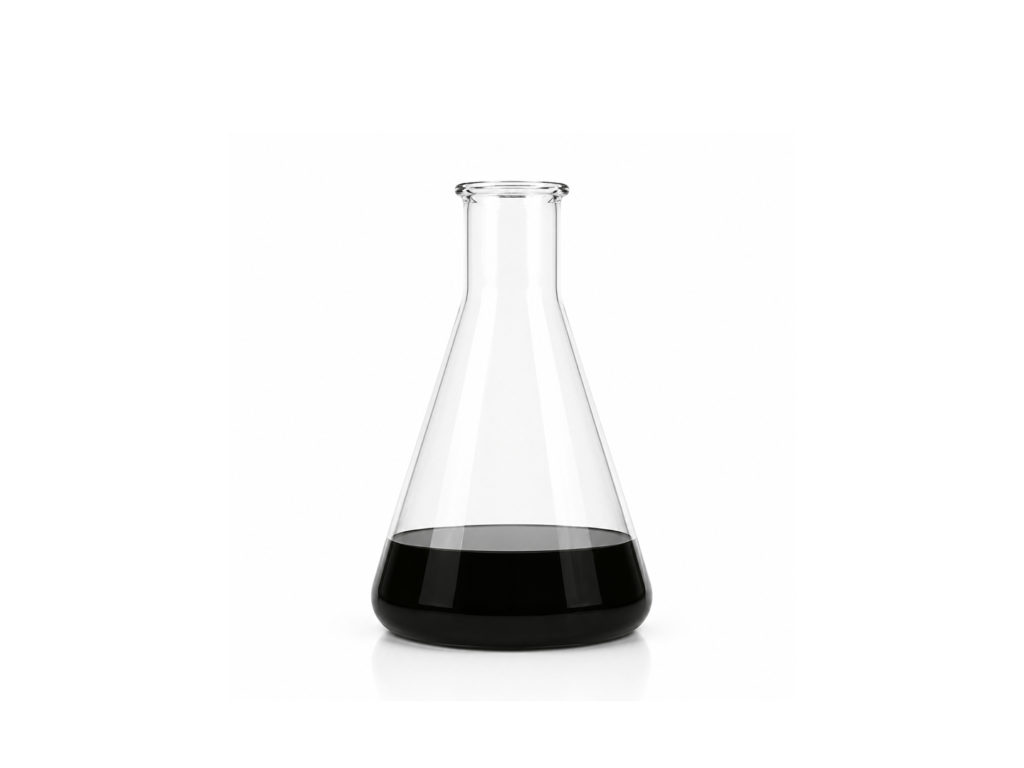 Laboratory flask containing low sulphur heavy stock fuel oil sample for industrial heating applications.