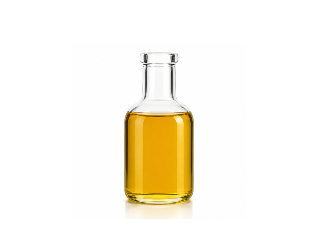 Glass container filled with mineral hydrocarbon oil used in industrial and chemical applications.