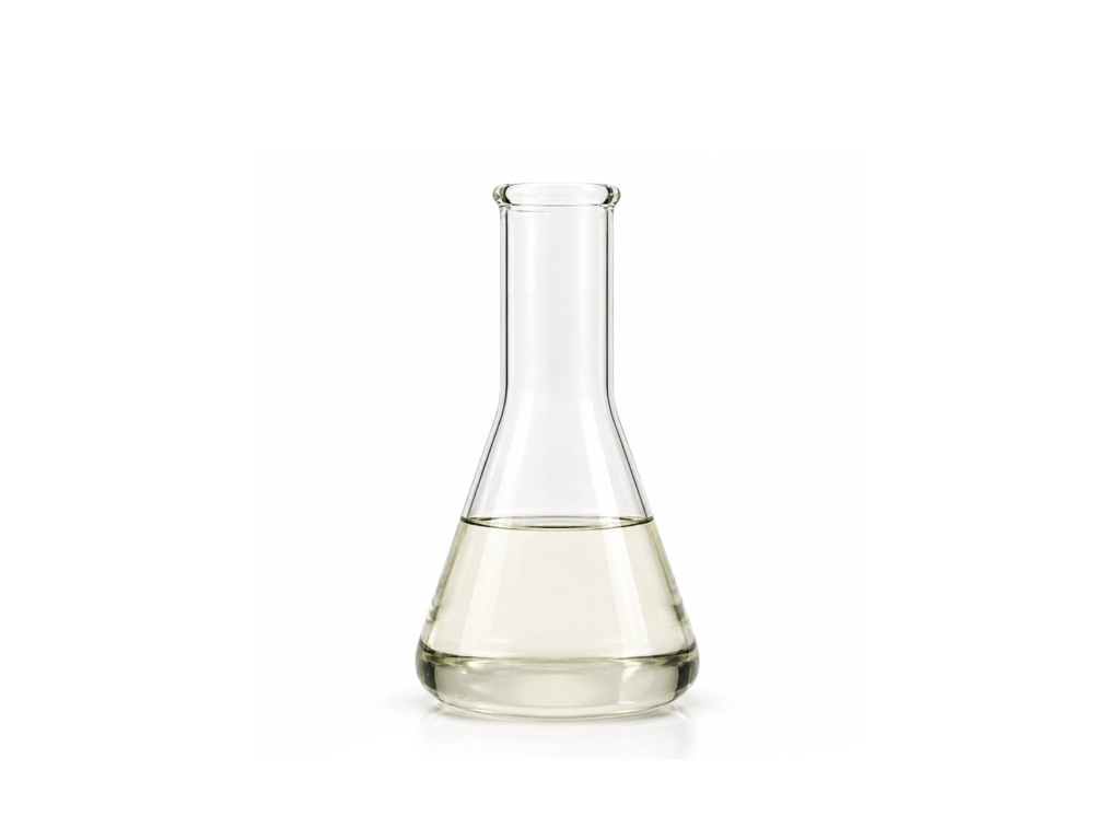 Laboratory flask containing mineral turpentine oil used as an industrial solvent and cleaning agent.