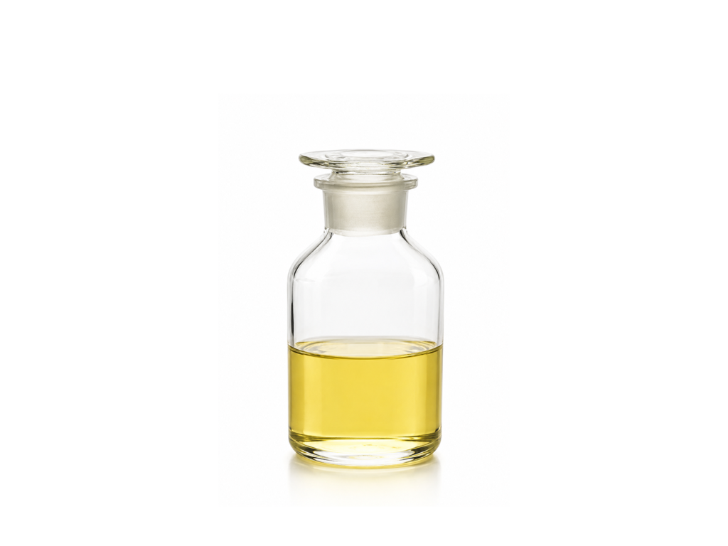 Laboratory sample bottle containing clear naphtha used in petrochemical and industrial processes.