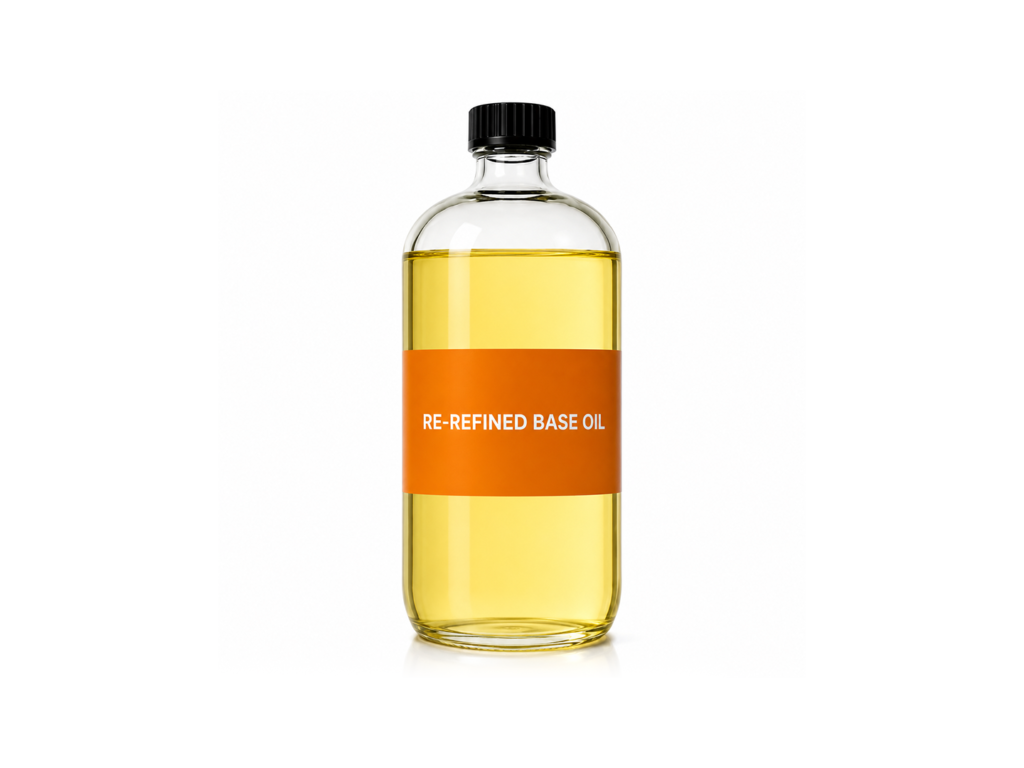Clear sample bottle containing re-refined base oil used in lubricant and industrial oil manufacturing.