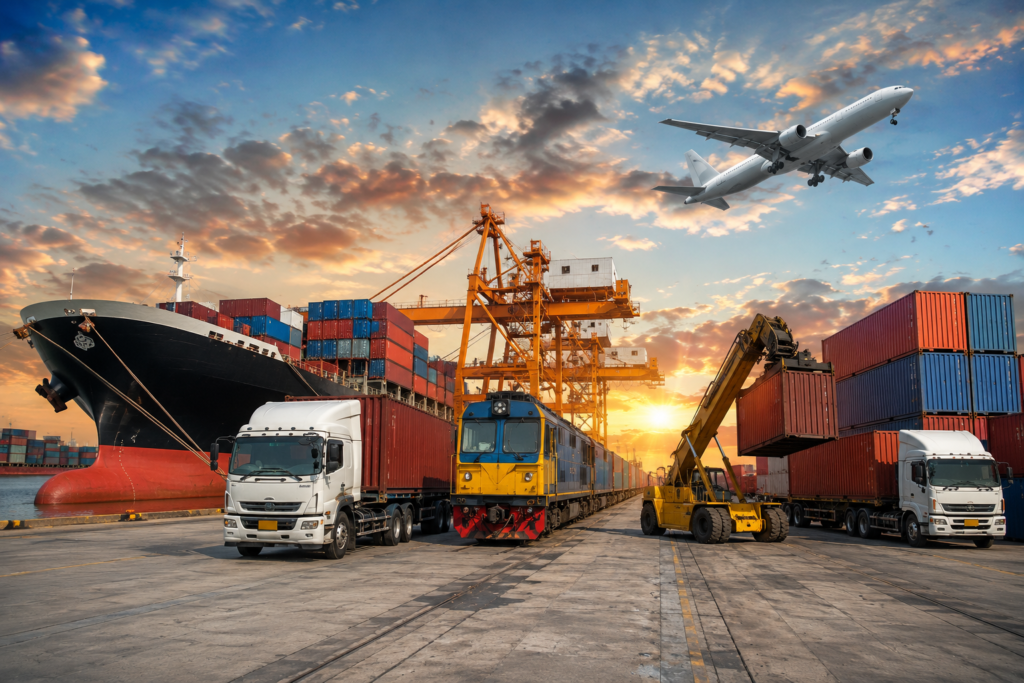 Integrated logistics hub featuring cargo ship, freight train, trucks, and aircraft transportation.